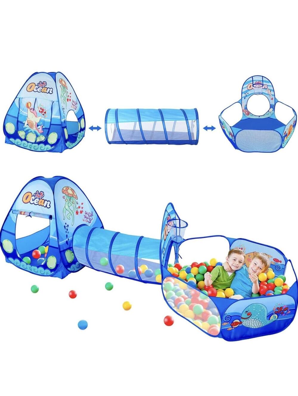 Kids 3pc Ocean Pop Up Play Tent Tunnel Ball Pit Hoop Indoor Outdoor NIP